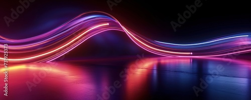 3d render. Abstract panoramic background of twisted dynamic neon lines glowing in the dark room with floor reflection. Virtual fluorescent ribbon loop. Fantastic minimalist, Generative AI photo