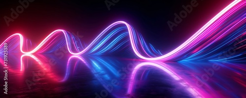 3d render. Abstract neon background. Fluorescent ines glowing in the dark room with floor reflection. Virtual dynamic curvy ribbon. Fantastic panoramic wallpaper. Digital data transfer. Generative AI photo