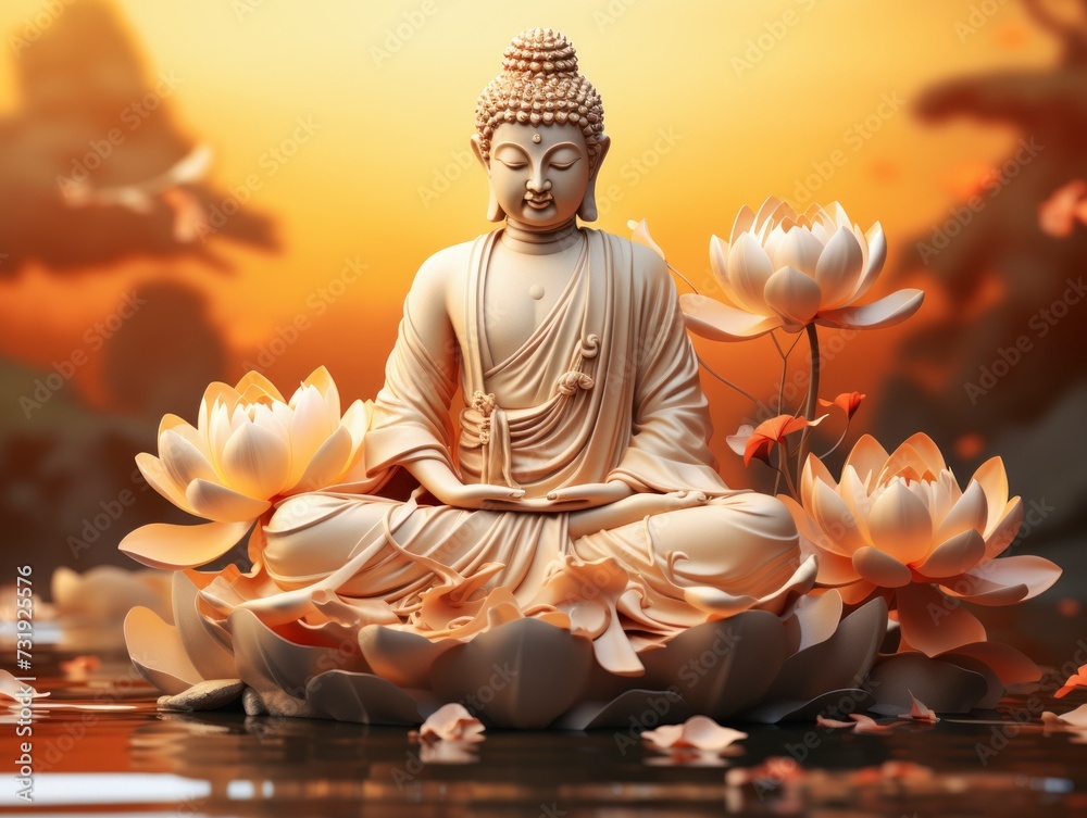 Stone statue of Buddha on a lotus background.