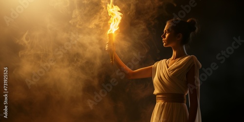 A woman in an ancient Greek peplos dress holds the Olympic flame on a dark smoky background with an empty copy space