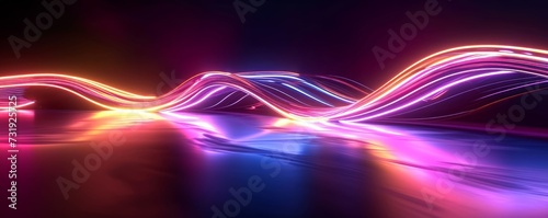 3d render. Abstract neon background. Fluorescent ines glowing in the dark room with floor reflection. Virtual dynamic ribbon. Fantastic panoramic wallpaper. Energy, Generative AI