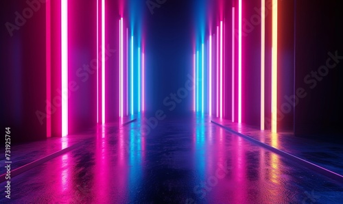 3d rendering, abstract neon background. Modern wallpaper with glowing vertical lines, Generative AI © Reeta