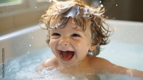 happy babby s face in the bath with soap suds in his hair