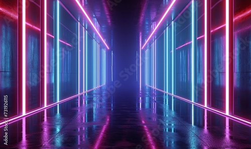 3d render, abstract geometric background with glowing stripes, empty room with floor reflections, Generative AI © Reeta
