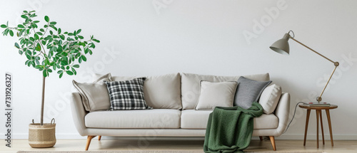 Comfortable modern sofa, soft luxury couch in cozy living room minimal elegant aesthetic home interior design contemporary style background space. House furniture store shopping advertising promo .