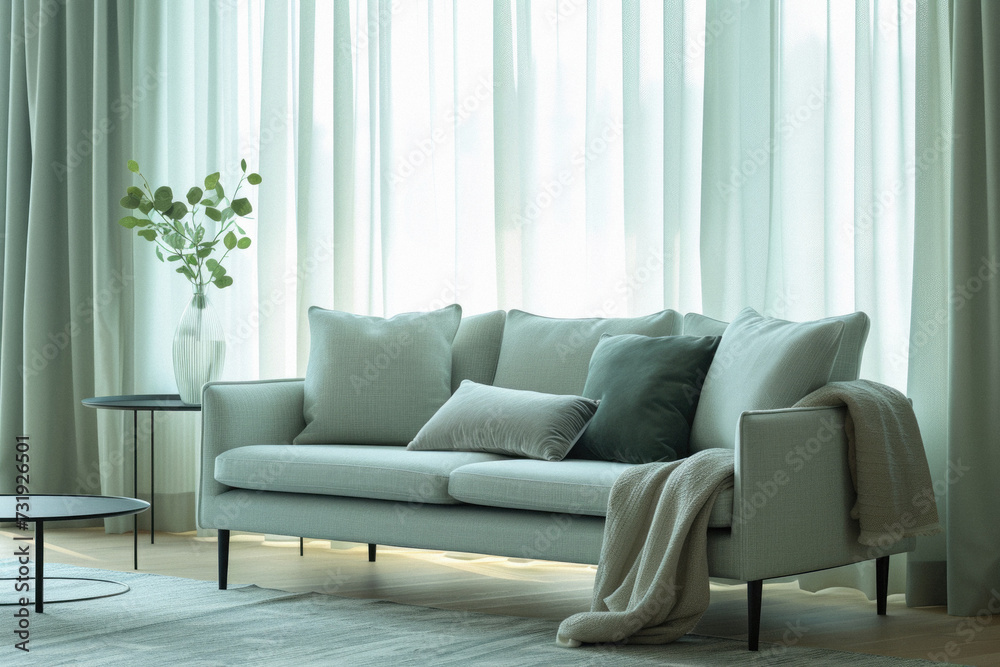 Fototapeta premium Comfortable modern sofa, soft luxury couch in cozy living room minimal elegant aesthetic home interior design contemporary style background space. House furniture store shopping advertising promo .