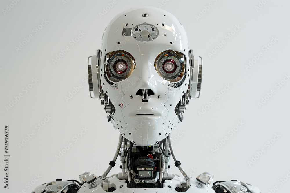 modern robot portrait, close up, blurred background. Artificial intelligence in future life. AI Generated