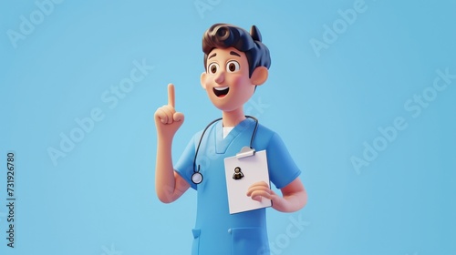 3d render, caucasian young man, nurse cartoon character wears blue shirt, shows forefinger up, holds clipboard. Health care clip art isolated on blue background. Solution of medical, Generative AI
