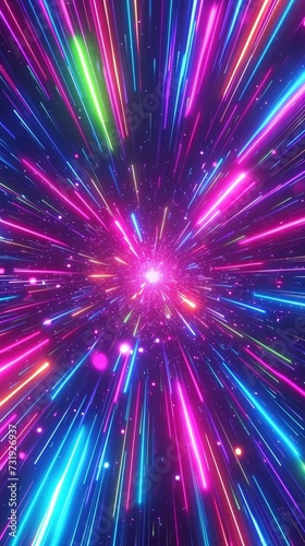 looping 3d  abstract neon background with colorful frozen firework  glowing lines and stars spin and rotate  Generative AI