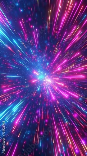 looping 3d  abstract neon background with colorful frozen firework  glowing lines and stars spin and rotate  Generative AI