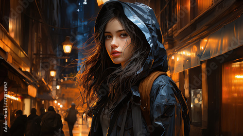 beautiful realistic inspired anime woman with a black rain jacked standing in a modern neon lighted golden aged city