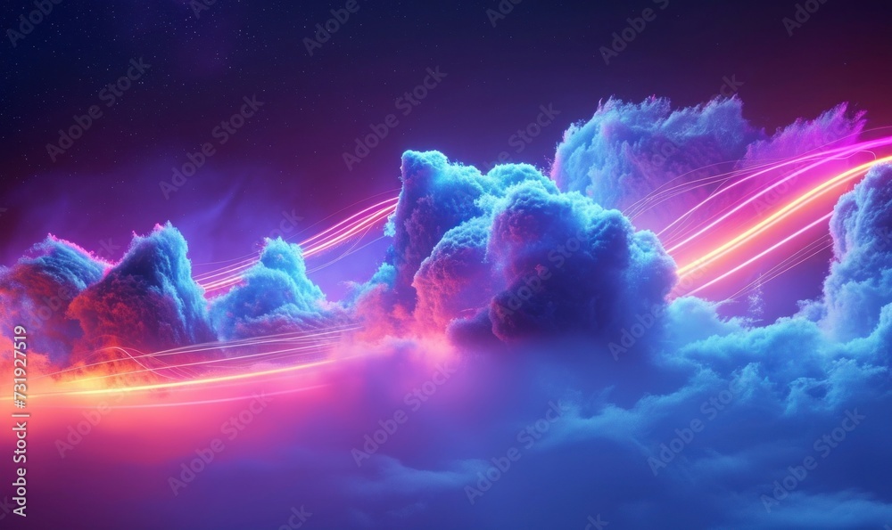 3d render, abstract fantasy background. Fantastic neon cloud and glowing dynamic lines, Generative AI - obrazy, fototapety, plakaty 