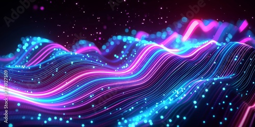 3d render, abstract neon background. Wavy glowing pink blue lines and bokeh lights, Generative AI