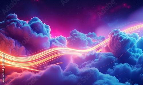 3d render, abstract fantasy background. Fantastic neon cloud and glowing dynamic lines, Generative AI photo