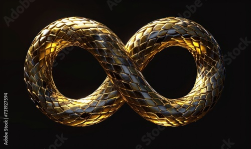 cycled animation of 3d infinity symbol with golden scales texture, isolated on black background. Abstract animated moving snake, Generative AI photo