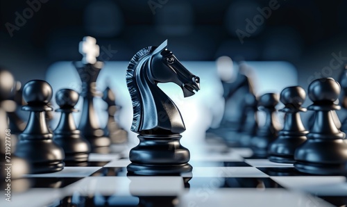3d illustration, chess game aggressive move, black horse breakthrough, knight chess piece attacks. Business planning strategic concept, Generative AI