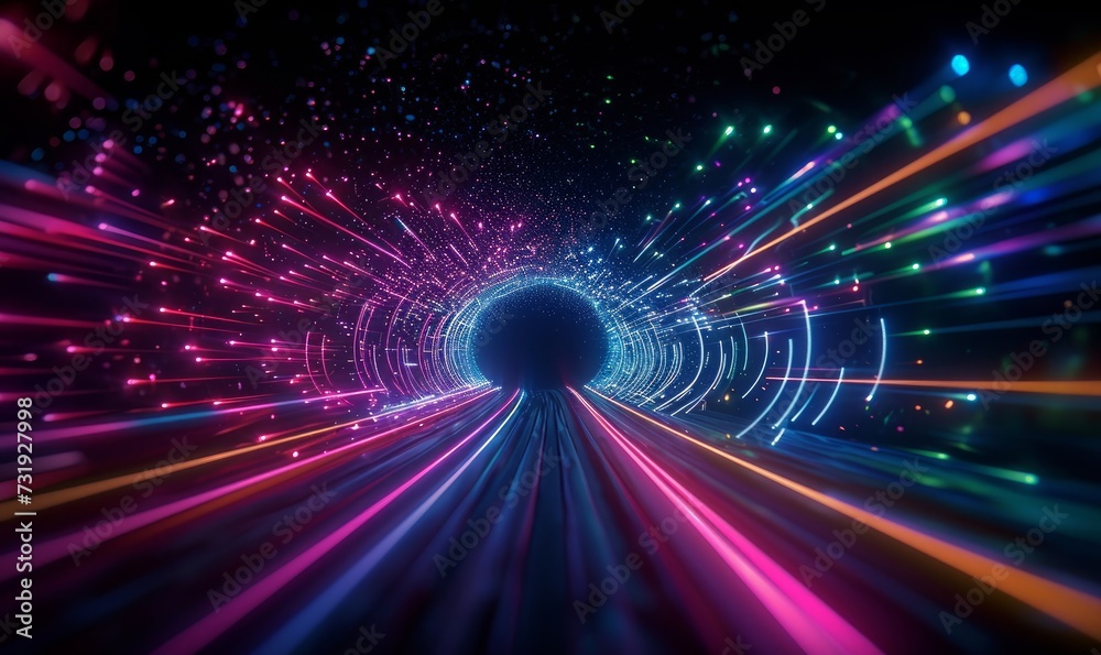 3d render, abstract background with colorful neon lines going to gravity well, cosmic wormhole, virtual reality wallpaper, Generative AI