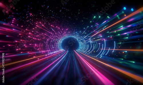 3d render, abstract background with colorful neon lines going to gravity well, cosmic wormhole, virtual reality wallpaper, Generative AI