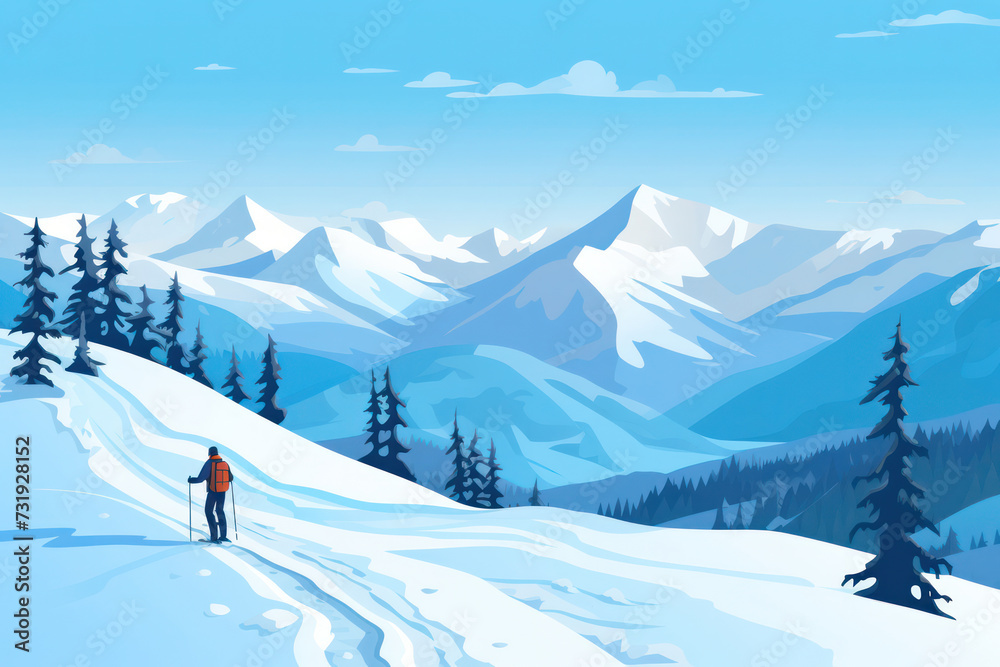 Frosty Winter Wonderland: Serene Snowy Mountains in the Icy Forest, a Majestic Landscape Illustration with Snow-covered Trees and White Peaks.