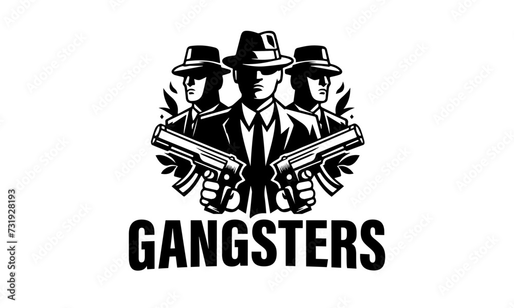 mascot logo of a gangsters group characters  ,black and white gangsters gang mascot logo concept