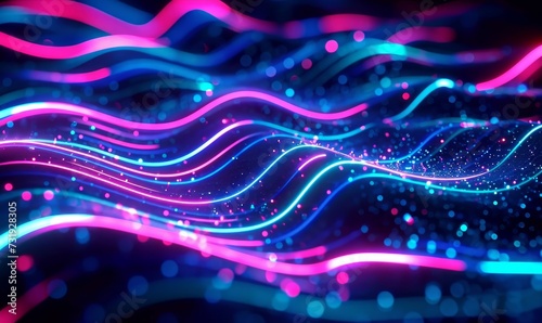 looping 3d animation. Abstract background with unfocussed pink blue glowing neon wavy lines and bokeh lights. Topographic map hills. Equalizer sound wave, Generative AI photo
