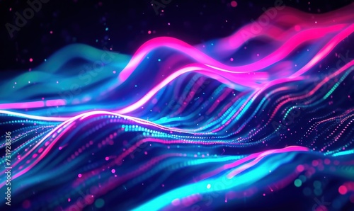 looping 3d animation. Abstract background with unfocussed pink blue glowing neon wavy lines and bokeh lights. Topographic map hills. Equalizer sound wave, Generative AI