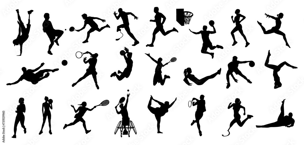 Silhouettes of different men, women, disabled persons performing various sport activities. Bundle of training, exercising people, playing basketball, tennis, football, running. Vector illustrations.