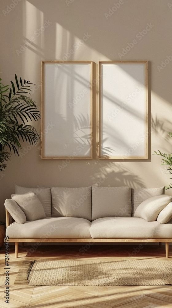 Frames mock up on color wall hanging above cozy home sofa. Modern living room comfortable stylish trendy couch posters decor background. Empty blank pictures canvas interior design decoration mockup . Frames mock up on color wall hanging above cozy home sofa. Modern living room comfortable stylish trendy couch posters decor background. Empty blank pictures canvas interior design decoration mockup .