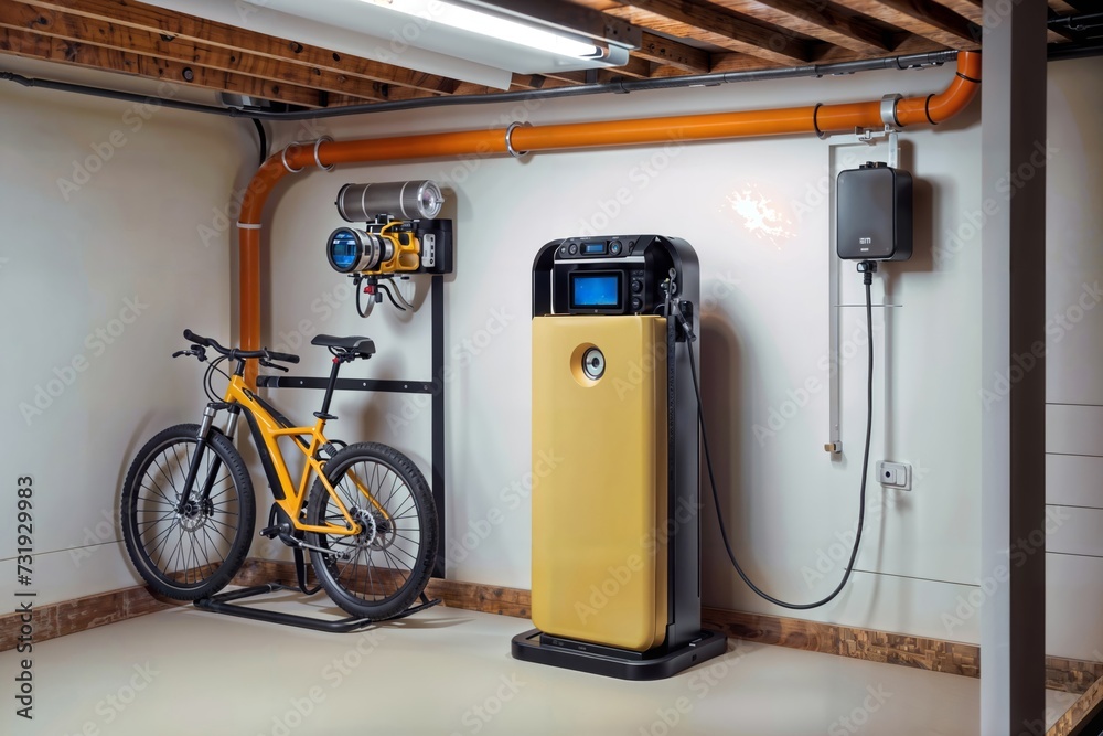 A green and black home energy station (HES) and electric car charger, a red bicycle. A green and black home energy station (HES) and electric car charger, a red bicycle.