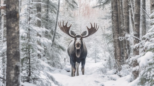 Adult moose standing in the snow