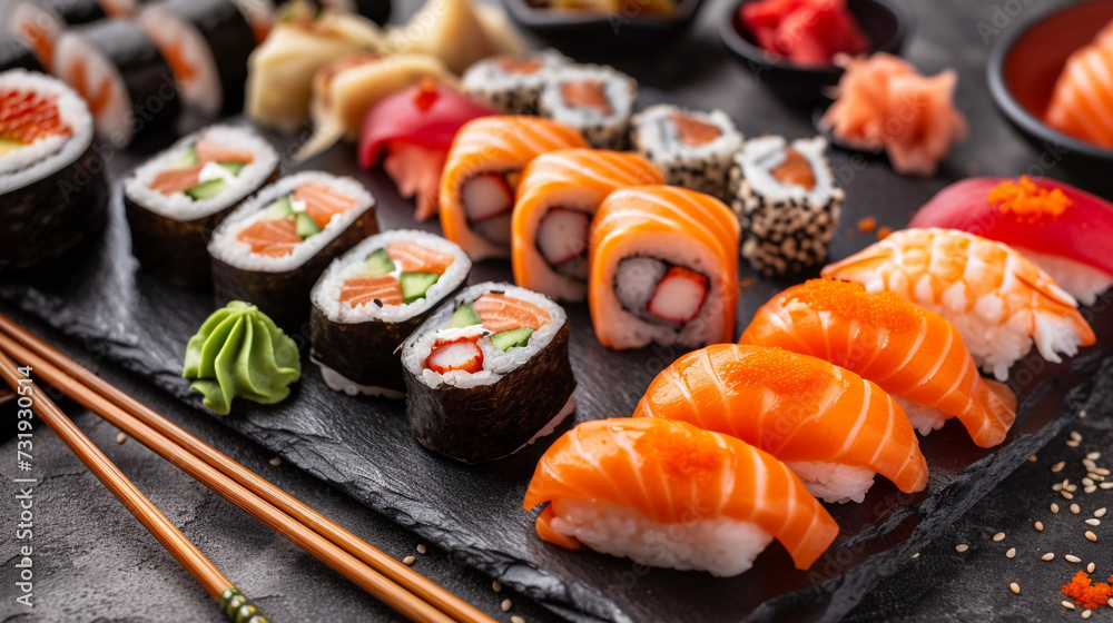 Lots of sushi prepared on a stone tray with chopsticks. Lots of sushi prepared on a stone tray with chopsticks.