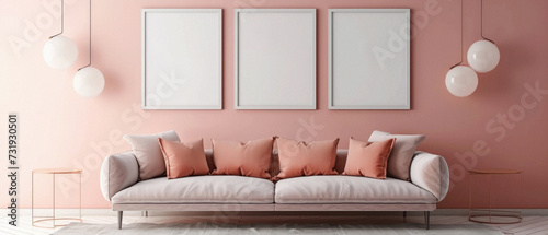 Frames mock up on color wall hanging above cozy home sofa. Modern living room comfortable stylish trendy couch posters decor background. Empty blank pictures canvas interior design decoration mockup .