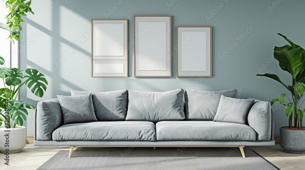 Fototapeta premium Frames mock up on color wall hanging above cozy home sofa. Modern living room comfortable stylish trendy couch posters decor background. Empty blank pictures canvas interior design decoration mockup .