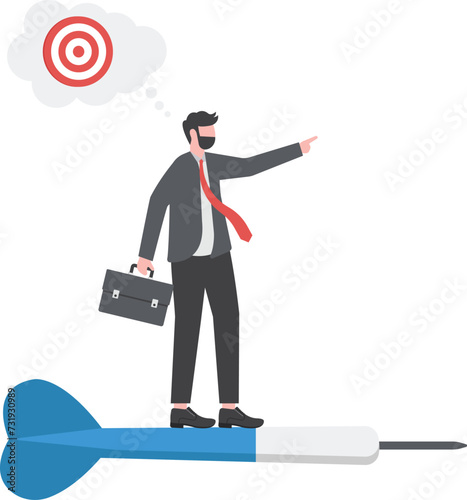 Aiming for target or goal, determination and strategy to reach target and achieve business success, aspiration and direction to win and victory, confidence businessman riding dart aiming for target.

