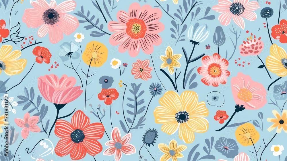 Flower doodle, seamless pattern, on blue pastel background. Generative Ai