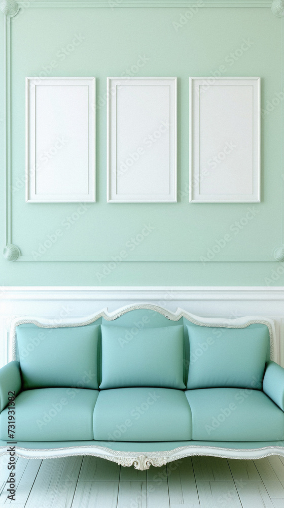 Fototapeta premium Frames mock up on color wall hanging above cozy home sofa. Modern living room comfortable stylish trendy couch posters decor background. Empty blank pictures canvas interior design decoration mockup .