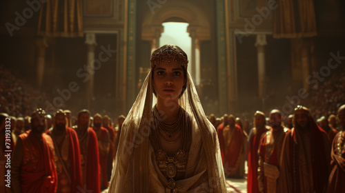Queen Esther, Jewish woman, walking down hallway, ancient times