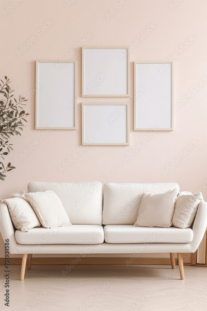 Frames mock up on color wall hanging above cozy home sofa. Modern living room comfortable stylish trendy couch posters decor background. Empty blank pictures canvas interior design decoration mockup . Frames mock up on color wall hanging above cozy home sofa. Modern living room comfortable stylish trendy couch posters decor background. Empty blank pictures canvas interior design decoration mockup .