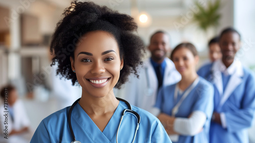 Happy young nurse in uniform with successful healthcare team in background