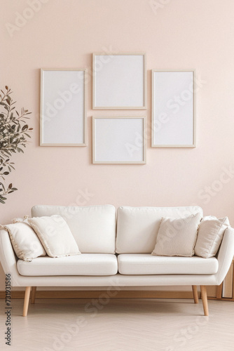 Frames mock up on color wall hanging above cozy home sofa. Modern living room comfortable stylish trendy couch posters decor background. Empty blank pictures canvas interior design decoration mockup .