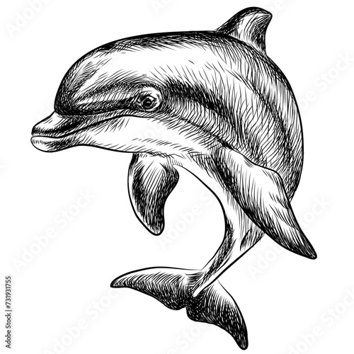 A graphic, black-and-white sketch-style image of a dolphin on a white background. 