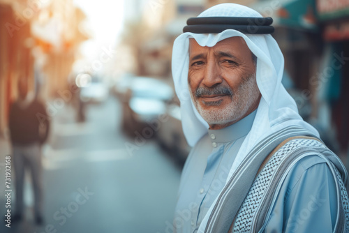 Arab man in traditional clothes on a city street, Bearded man wearing headscarf keffiyeh and kandura photo