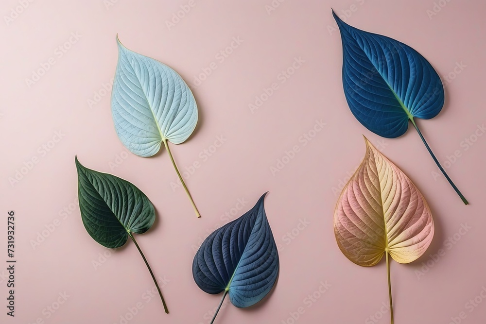 Chic and Contemporary Pastel Pink Background with Pink, Blue, and Gold Shade Caladium Leaf Decorations