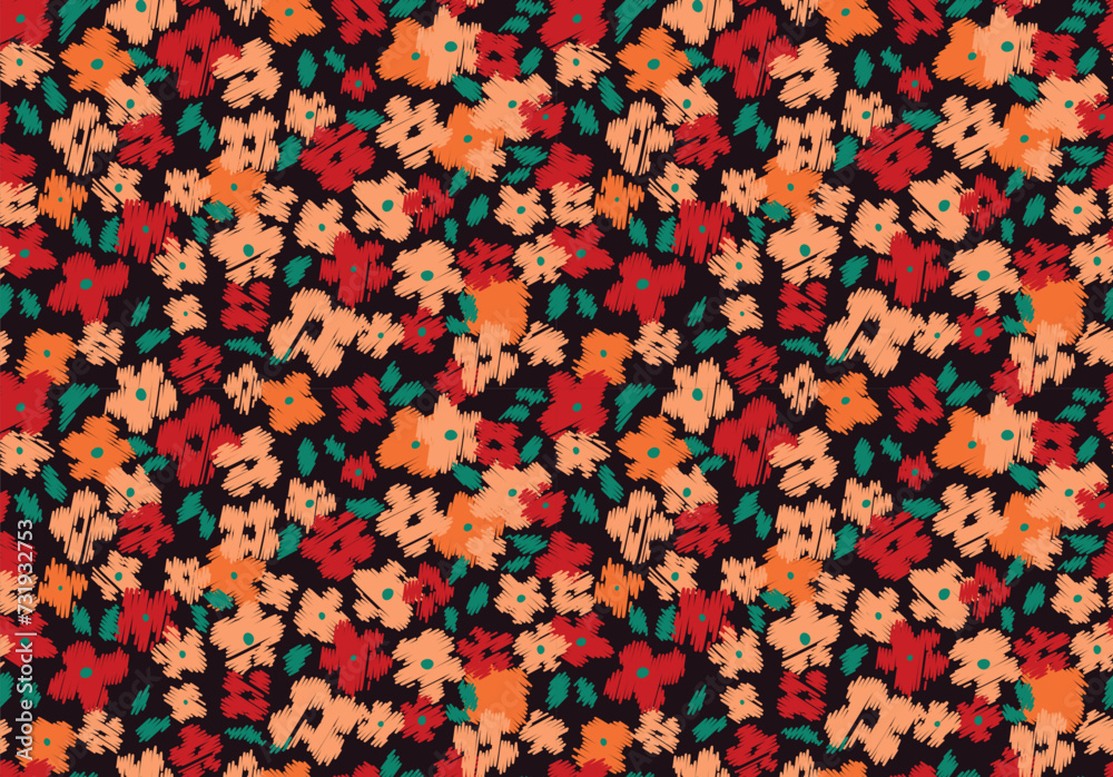 Retro scribble ditsy flower seamless pattern