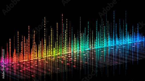 Modern and colorful background design with gradient palette on black color. Randomly displaced bright cubic shapes in space. An abstraction of a multicolored musical equalizer.;