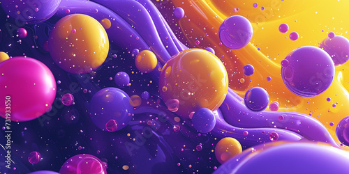 Abstract light flow texture background. yellow purple liquid paint waves and bubbles