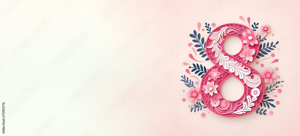 Number 8 paper cut design Illustration, Pink Floral design, Isolated on Transparent Background