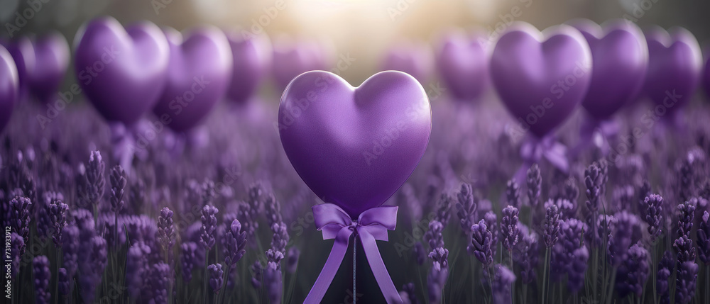 Purple Day, Epilepsy awareness day. Purple Heart Balloons in Lavender Field with a Sunset Glow. - obrazy, fototapety, plakaty 
