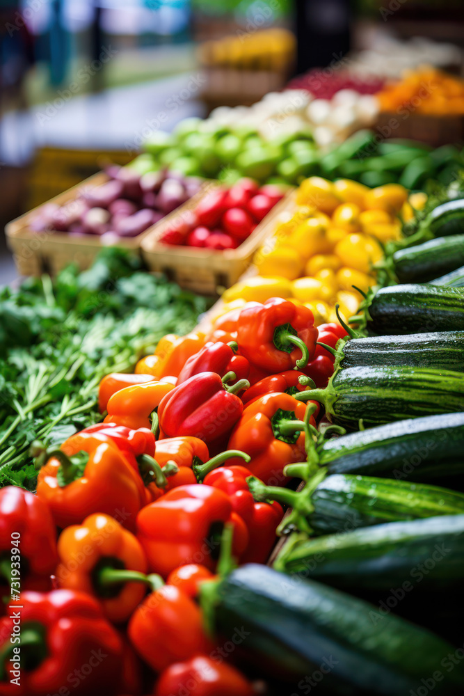 Fresh, Colorful Harvest: A Vibrant Organic Vegetable Market Stall, Overflowing with Healthy, Nutritious Produce, Set Against a Lively Green Background