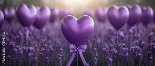 Purple Day, Epilepsy awareness day. Purple Heart Balloons in Lavender Field with a Sunset Glow. photo